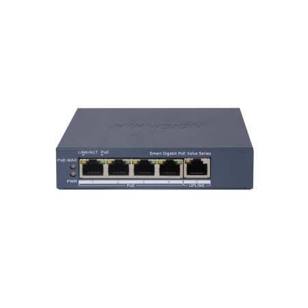 Switch PoE Hikvision DS-3E1505P-EI/M, 4 × Gigabit PoE port,1 × Gigabit RJ45 port, Total PoE Power Budget 45W, Support 802.1Q VLA